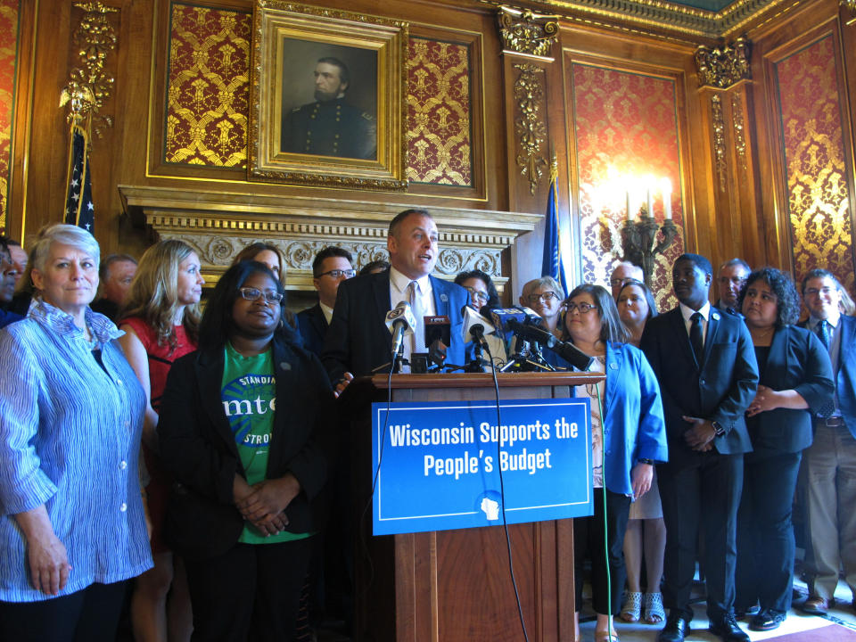 Wisconsin Democratic Assembly Minority Leader Gordon Hintz speaks out against the Republican version of the state budget up for Assembly approval on Tuesday, June 25, 2019, in Madison, Wisconsin. Hintz was joined in the Assembly parlor by fellow Democrats and advocates for Medicaid expansion and other priorities Republicans killed in the budget. (AP Photo/Scott Bauer)