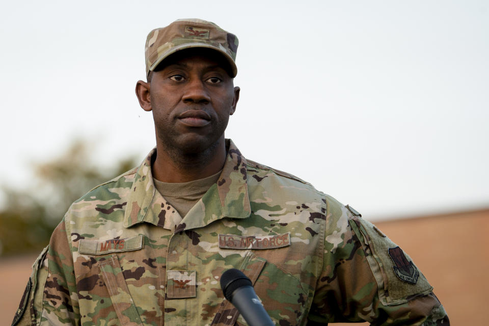 In this photo provided by the U.S. Air Force, Col. Jamaal Mays, 366th Fighter Wing commander for support, speaks to Airmen, September 30, 2020 at Mountain Home Air Force Base, Idaho. Mays said housing allowances have increased, but not enough to keep pace with the spiking prices. Brand new airmen are normally housed in dorms on base for about 36 months, but because demand for on-base housing is so high, they often only spend 18 to 20 months. “They're being pushed out on the local economy before they’re ready,” Mays said. (Airman 1st Class Natalie Rubenak/U.S. Air Force via AP)