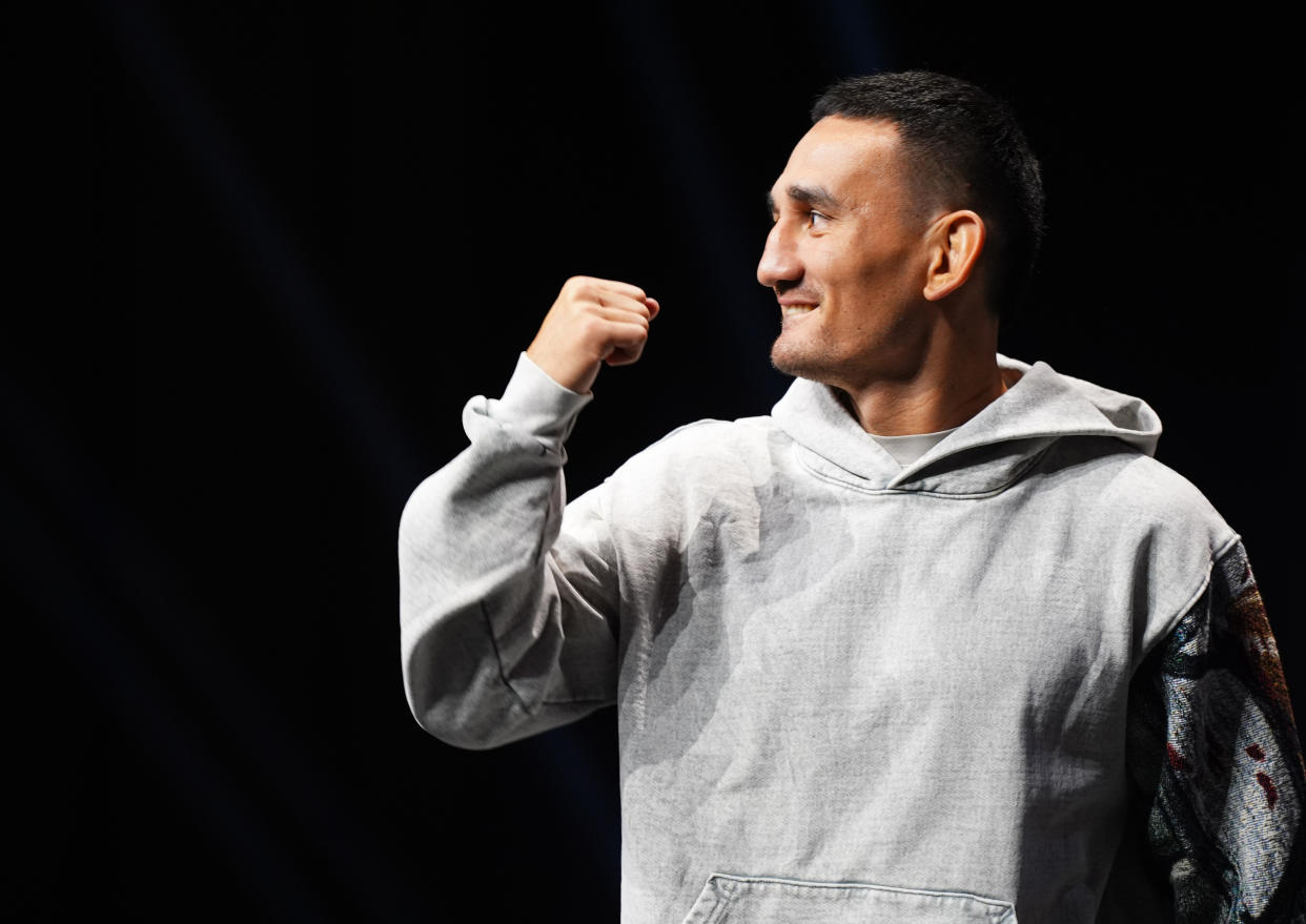ANAHEIM, CALIFORNIA - FEBRUARY 16: Max Holloway is seen on stage during a UFC 300 Q&A at Honda Center on February 16, 2024 in Anaheim, California. (Photo by Cooper Neill/Zuffa LLC via Getty Images)