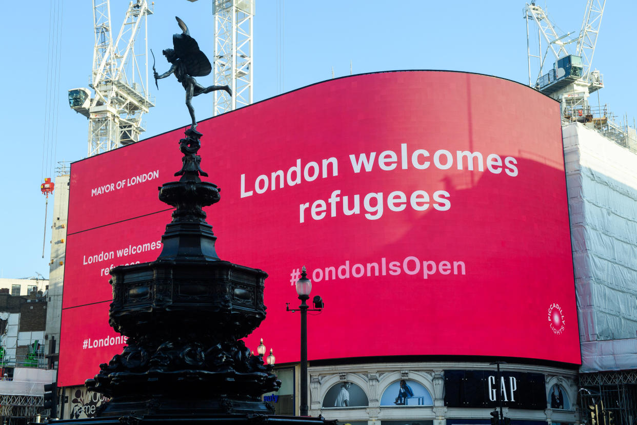 LONDON, ENGLAND - SEPTEMBER 07: The London Mayor's Welcome Message to the Afghan Refugees is displayed at Piccadilly Circus on September 07, 2021 in London, England. (Photo by Joe Maher/Getty Images)