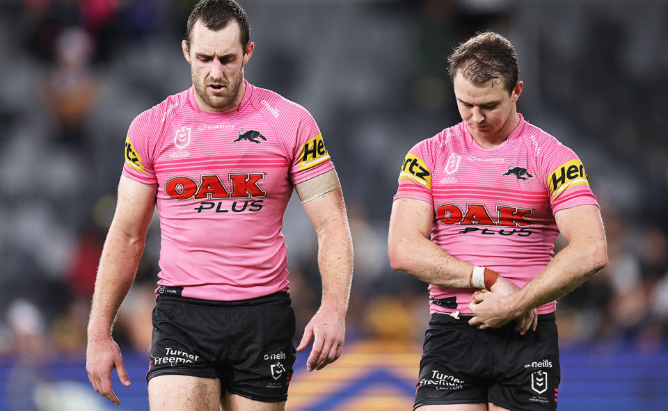 Isaah Yeo and Dylan Edwards, pictured here in action for the Penrith Panthers.