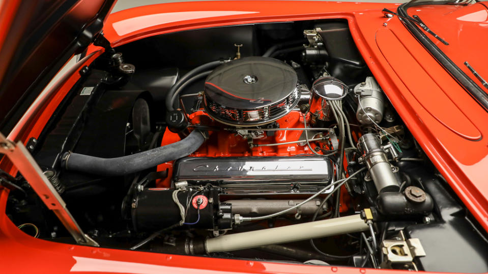 The 265 ci small-block engine inside a 1955 Chevrolet Corvette Roadster.