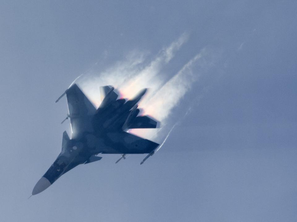 The Sukhoi Su-34 jet fighter-bomber of Russian Air Force performs its demonstration flight at MAKS-2015 airshow near Zhukovsky, Moscow Region, Russia.