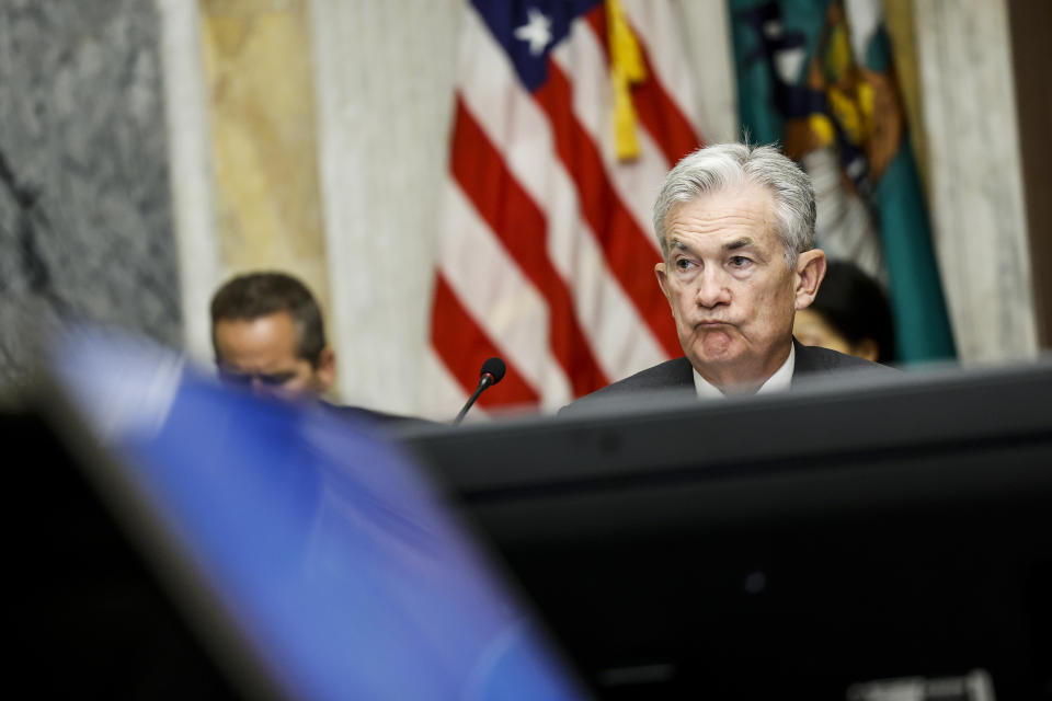 WASHINGTON, DC - OCTOBER 03: U.S. Federal Reserve Board Chairman Jerome Powell listens during a meeting with the Treasury Department&#39;s Financial Stability Oversight Council at the U.S. Treasury Department on October 03, 2022 in Washington, DC. The council held the meeting to discuss a range of topics including climate-related financial risk and the recent Treasury report on the adoption of cloud services in the financial sector. (Photo by Anna Moneymaker/Getty Images)