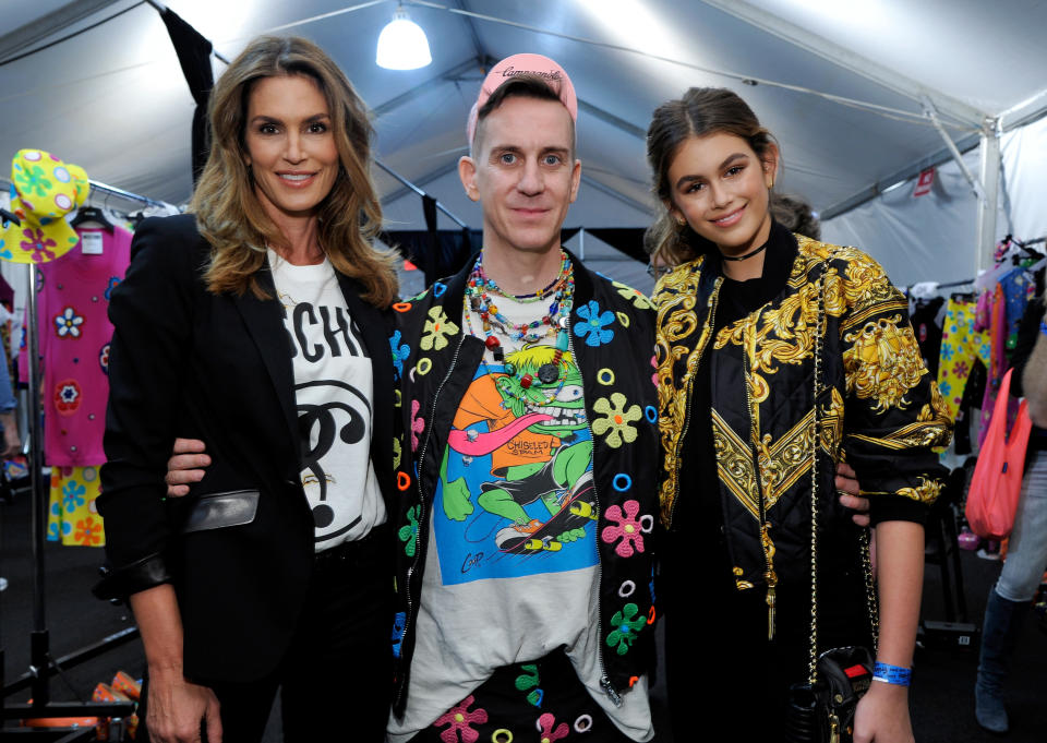 <p>LOS ANGELES, CA – JUNE 10: (L-R) Model Cindy Crawford, Moschino Creative Director Jeremy Scott and model Kaia Gerber pose backstage at the Moschino Spring/Summer 17 Menswear and Women’s Resort Collection during MADE LA at L.A. LIVE Event Deck on June 10, 2016 in Los Angeles, California. (Photo by John Sciulli/Getty Images for MOSCHINO)</p>