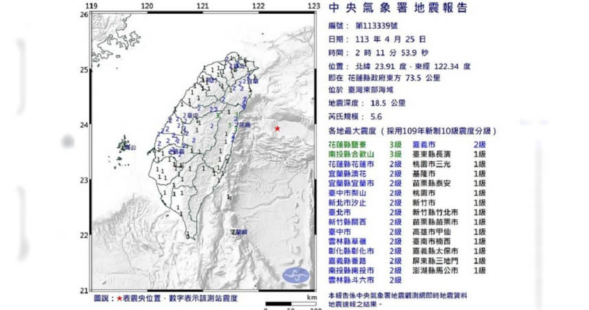 凌晨2時11分地震。（圖／氣象署）