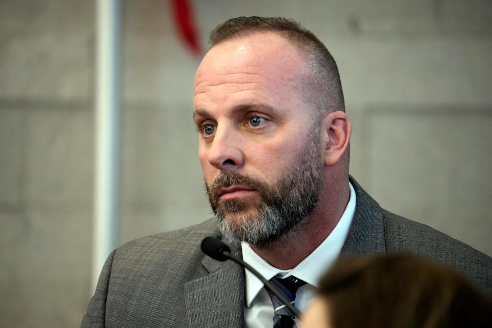 Former Franklin County Sheriff's deputy Michael Jason Meade testifies in his own defense on Wednesday, Feb. 7, 2024, during his trial on murder charges in Franklin County Common Pleas Court. Meade testified he shot Casey Goodson Jr. after the 23-year-old pointed a gun at him on Dec. 4, 2020.