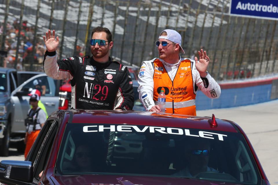 NASCAR Cup Series driver Kaz Grala, left, and driver Austin Hill, right, before the NASCAR Cup Series AutoTrader EchoPark 400 at Texas Motor Speedway.