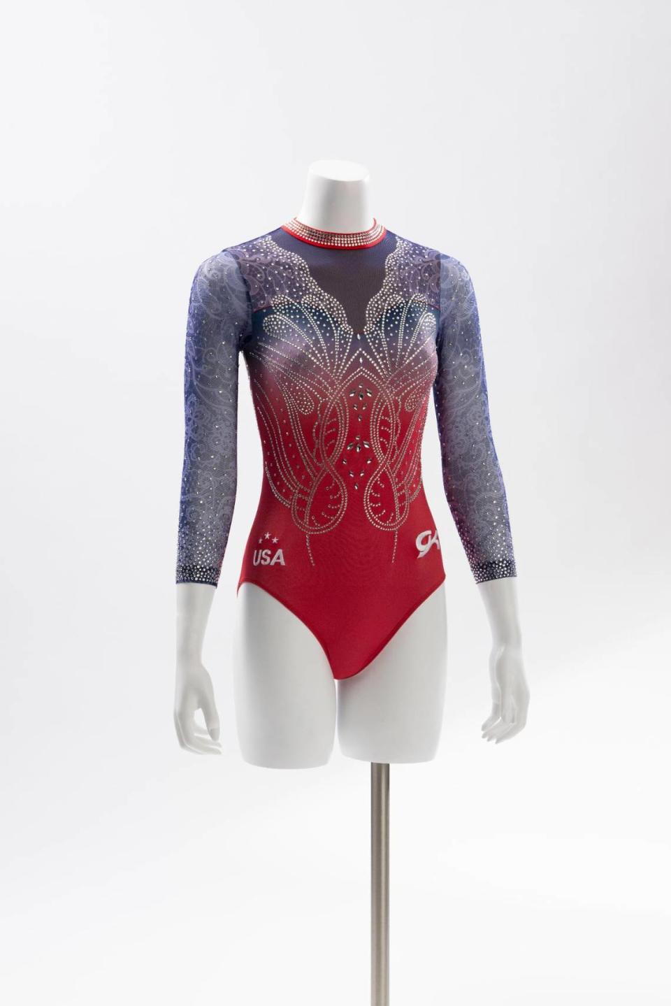 The leotard called “USA Elegance” which was designed for Suni Lee to wear at the 2024 Paris Olympics in a display model.