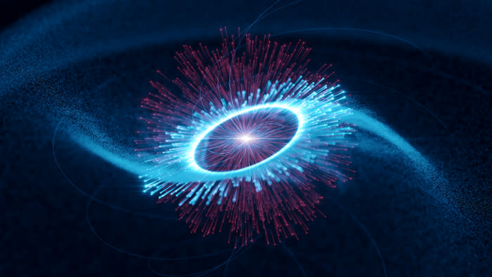 Artist's impression of the Vela pulsar, center, and its magnetosphere, whose edge is marked by the bright circle.  The blue tracks traveling outward represent paths of accelerated particles.  These produce gamma rays along the arms of a rotating spiral by colliding with infrared photons emitted into the magnetosphere (in red).