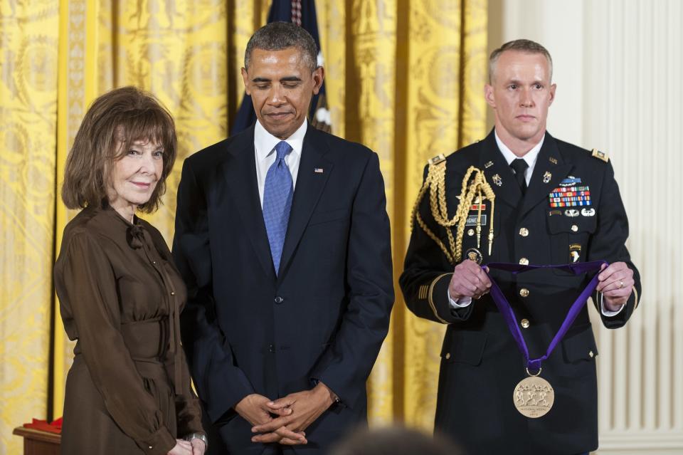 President Barack Obama presents a National Medal of Arts to Elaine May in 2013.