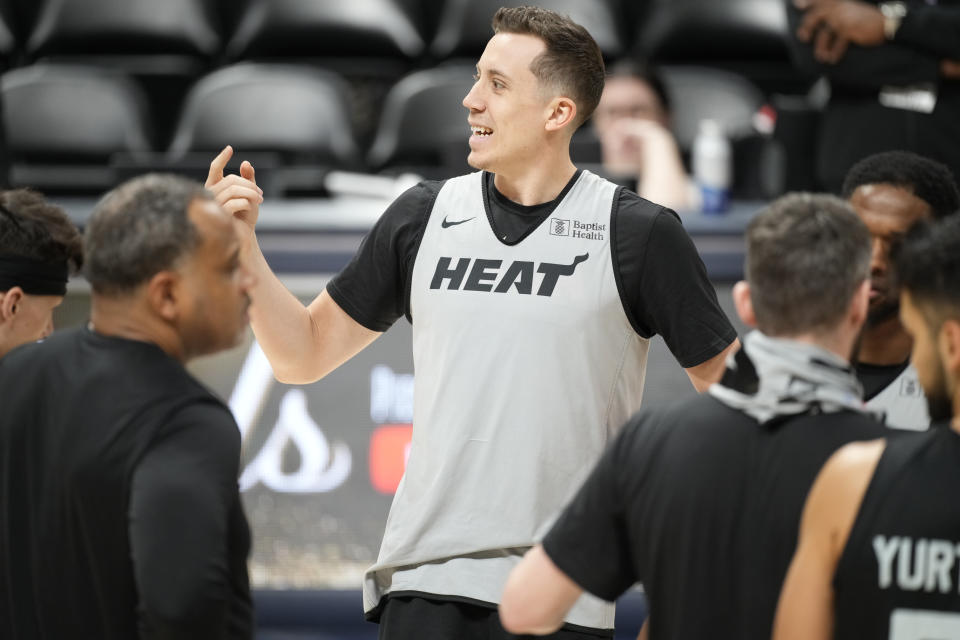 Miami Heat forward Duncan Robinson jokes with teammates during practice for Game 2 of the NBA Finals, Saturday, June 3, 2023, in Denver. (AP Photo/David Zalubowski