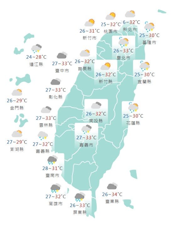 受西南風影響，今（10日）彰化以南地區有局部大雨發生的機率，北部、東部以午後雷陣雨為主。取自中央氣象署