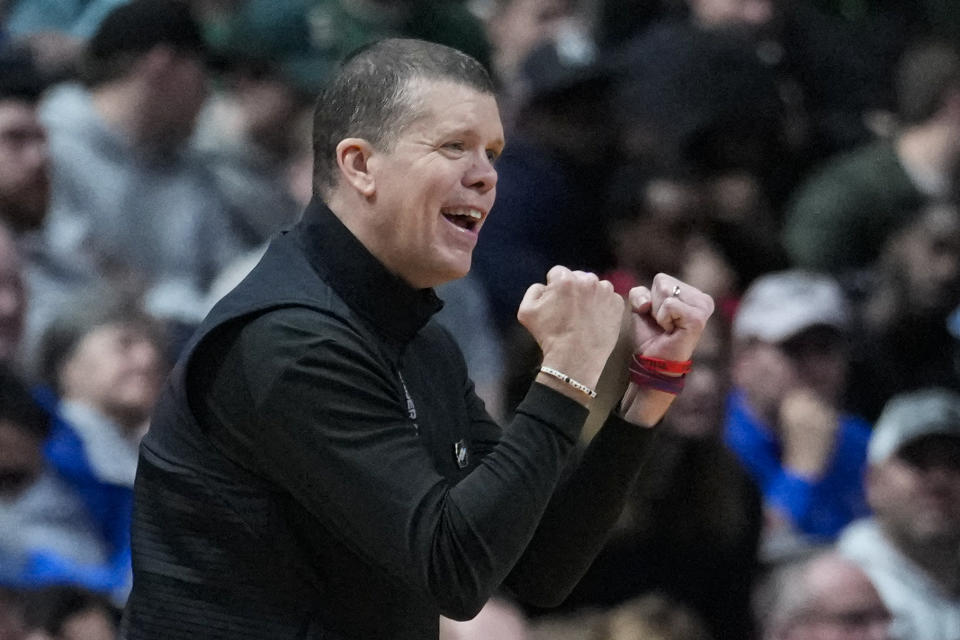 Fairleigh Dickinson head coach Tobin Anderson reacts after a basket against Purdue in the second half of a first-round college basketball game in the men's NCAA Tournament in Columbus, Ohio, Friday, March 17, 2023. (AP Photo/Michael Conroy)