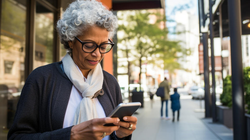 A senior citizen outside on a sidewalk, using her smart phone to pay her health insurance premiums.