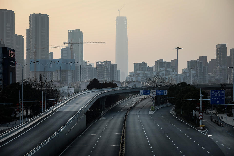 An empty highway in Wuhan, the city of 11 million where the outbreak began in a market, on Feb. 3 | Getty Images