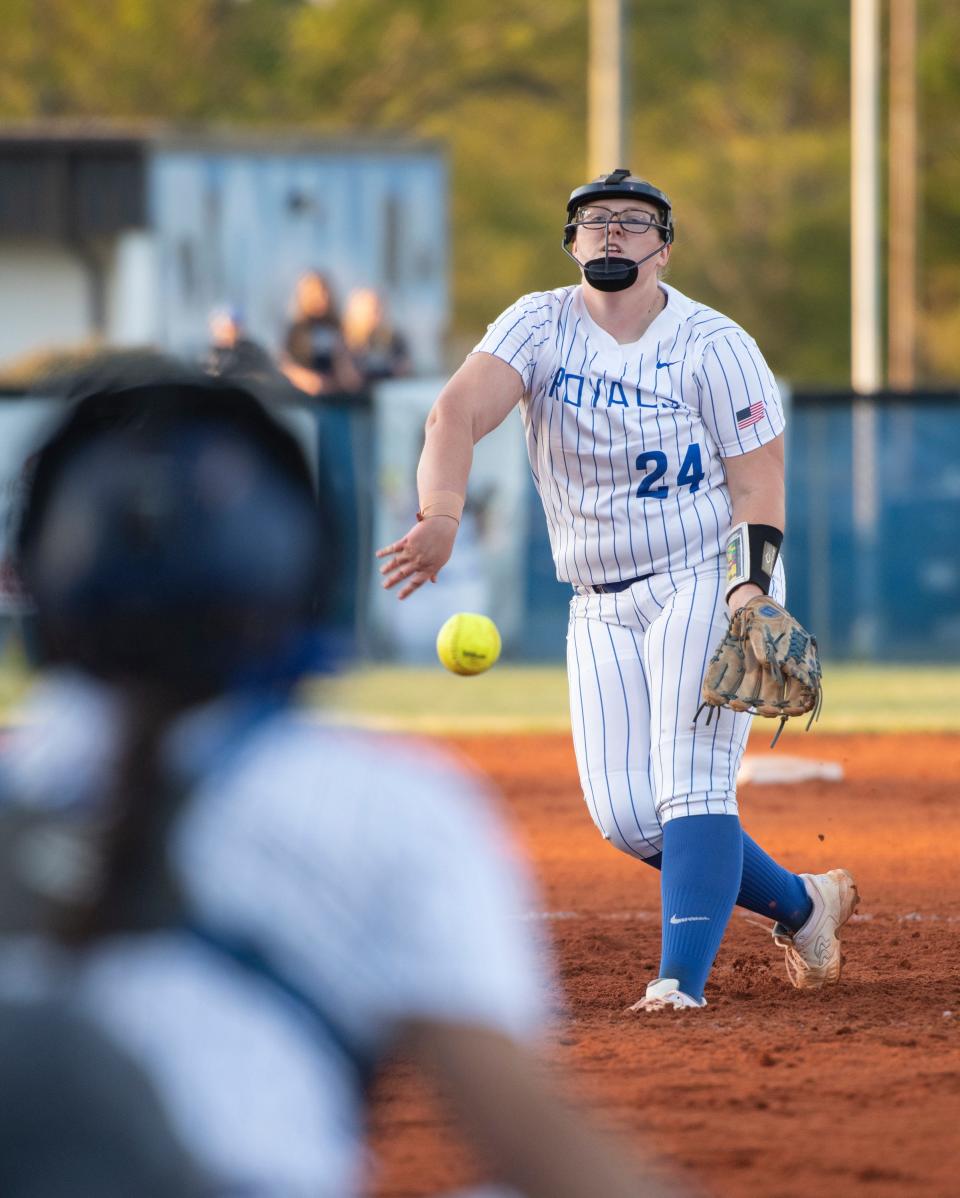 Mattie Cochran (24) pitches during the Pace vs Jay softball game at Jay High School on Thursday, March 24, 2022.