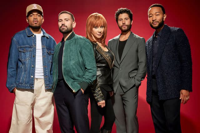 <p>Art Streiber/NBC</p> Chance The Rapper, Shay Mooney, Reba McEntire, Dan Smyers and John Legend on season 25 of 'The Voice'