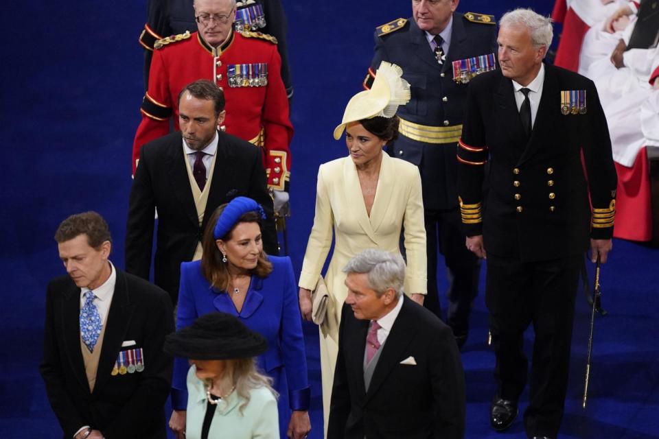 PHOTO: James Middleton and Pippa Matthews with their parents Michael and Carole Middleton arrive for the coronation ceremony of King Charles III and Queen Camilla in Westminster Abbey, May 6, 2023, in London. (WPA Pool/Getty Images)