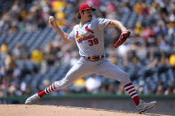 St. Louis Cardinals starting pitcher Miles Mikolas delivers during the first inning of a baseball game against the Pittsburgh Pirates in Pittsburgh, Sunday, June 4, 2023. (AP Photo/Gene J. Puskar)