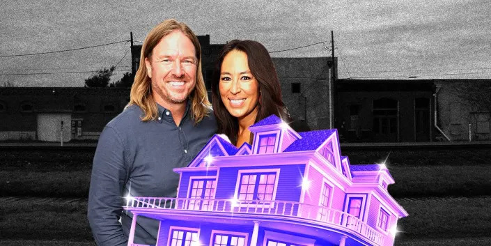 Chip and Joanna Gains with a beautiful dream house with a run down rural town in the background.