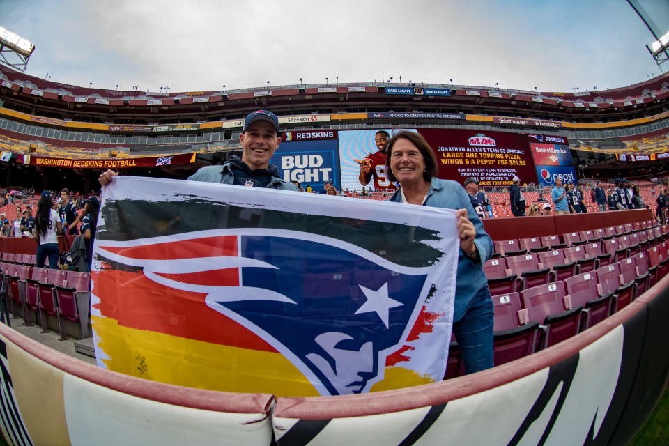 New England Patriots fans have taken over FedEx Field for Sunday's game vs. Washington. (Getty Images) 