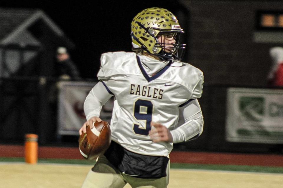 Bald Eagle Area QB Carson Nagle drops back during Friday’s PIAA Class 2A quarterfinal against Southern Columbia. The Eagles fell to Southern Columbia, the reigning state champ, by a score of 18-8.