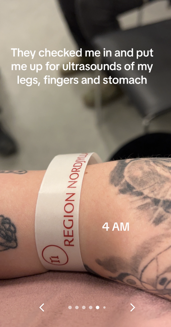 Wrist with hospital band and text: "They checked me in and put me up for ultrasounds of my legs, fingers, and stomach"