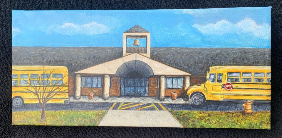Debbie Conner painted this depiction of North Elementary School, where she teaches. Much of Conner's artwork is created from recycled materials. She'll demonstrate her techniques Tuesday in Monroe.