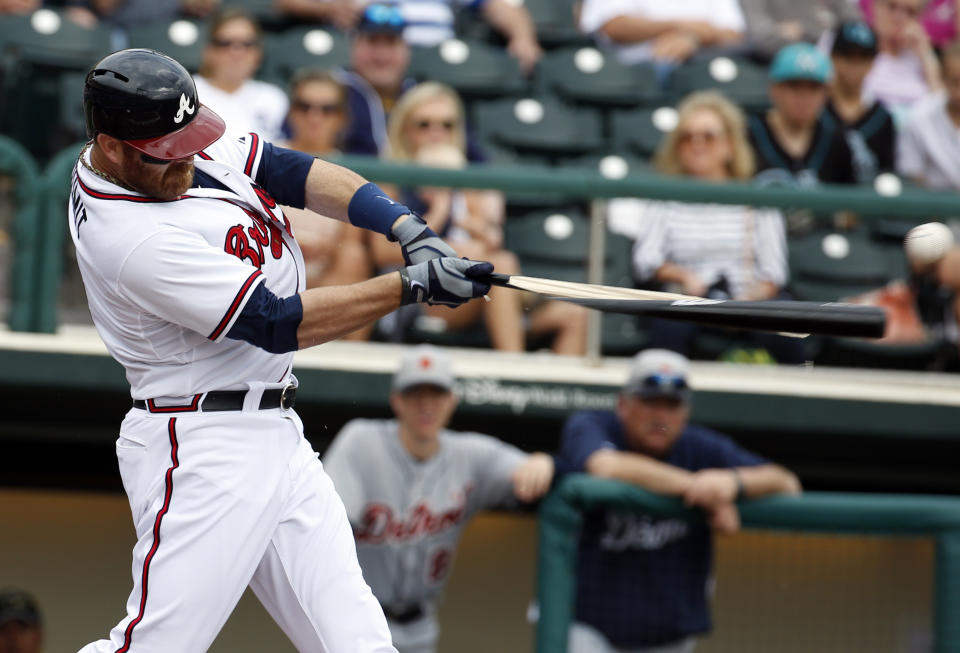 Atlanta Braves catcher Ryan Doumit breaks his bat in the second inning of a spring exhibition baseball game against the Detroit Tigers, Wednesday, Feb. 26, 2014, in Kissimmee, Fla. Doumit was out on the ground ball. (AP Photo/Alex Brandon)