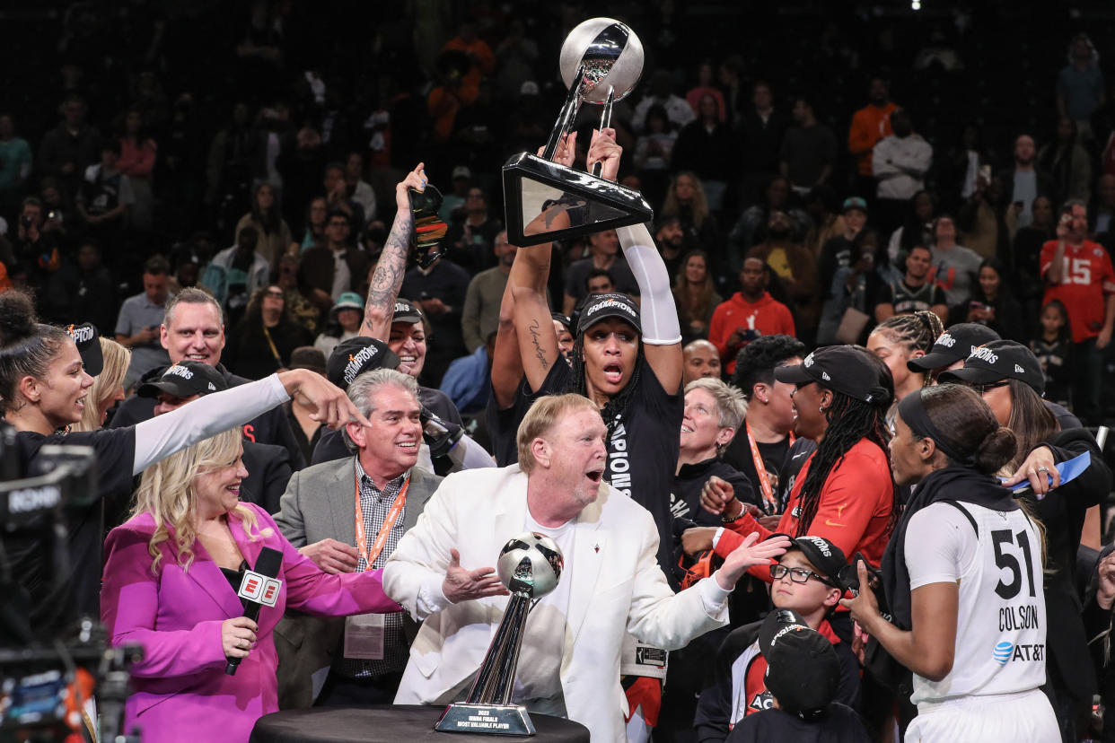 Oct 18, 2023; Brooklyn, New York, USA; The Las Vegas Aces celebrate after defeating the New York Liberty to win the 2023 WNBA Finals at Barclays Center. Mandatory Credit: Wendell Cruz-USA TODAY Sports