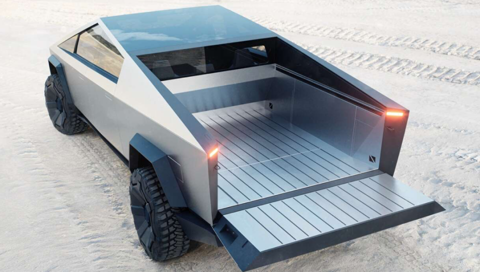 The vault-like bed of the Tesla Cybertruck (open)