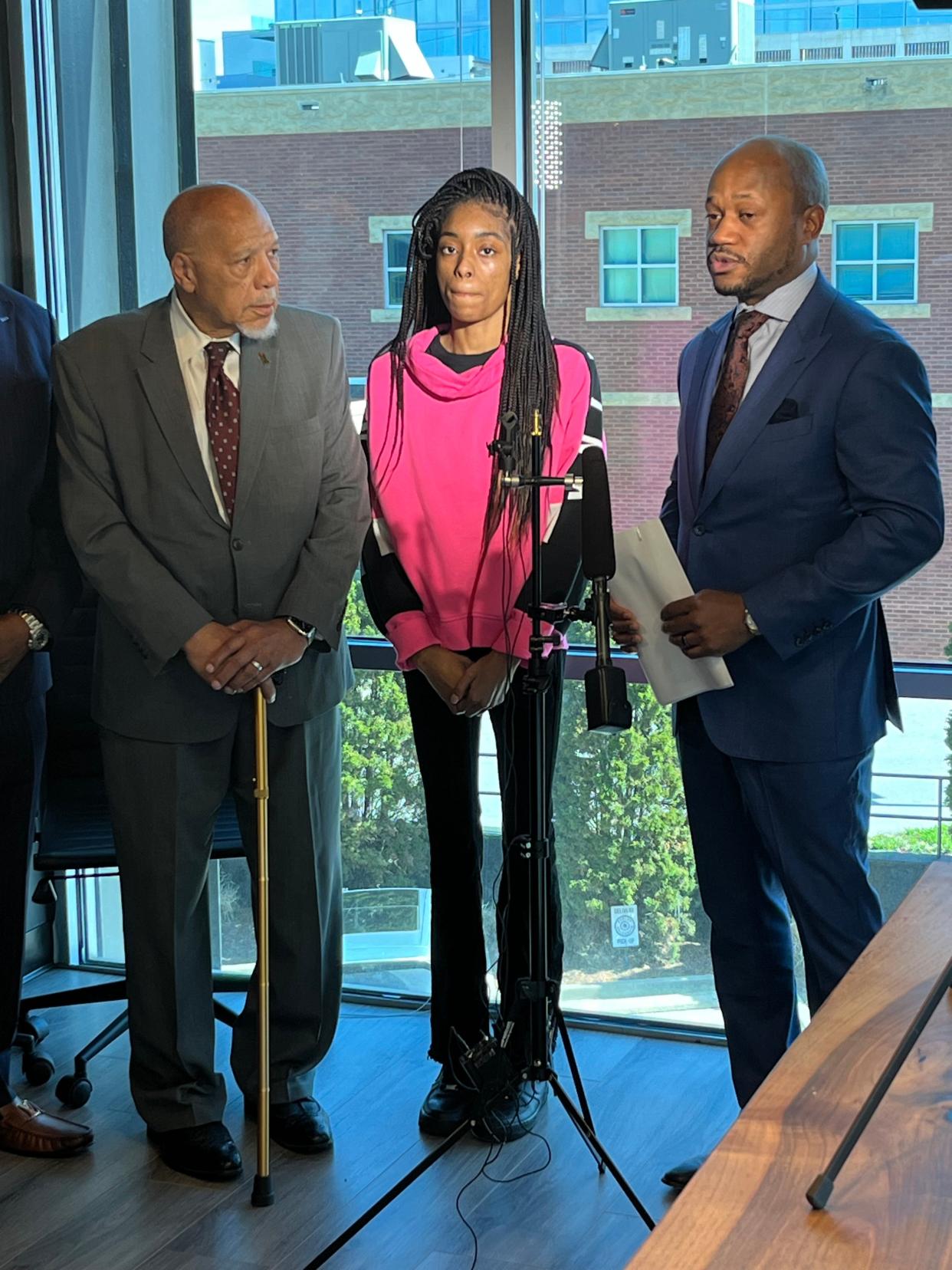 Travonsha Ferguson is joined by her lawyers L. Chris Stewart and William Jordan. She is suing Walgreens after she was shot by a store clerk while seven months pregnant.
