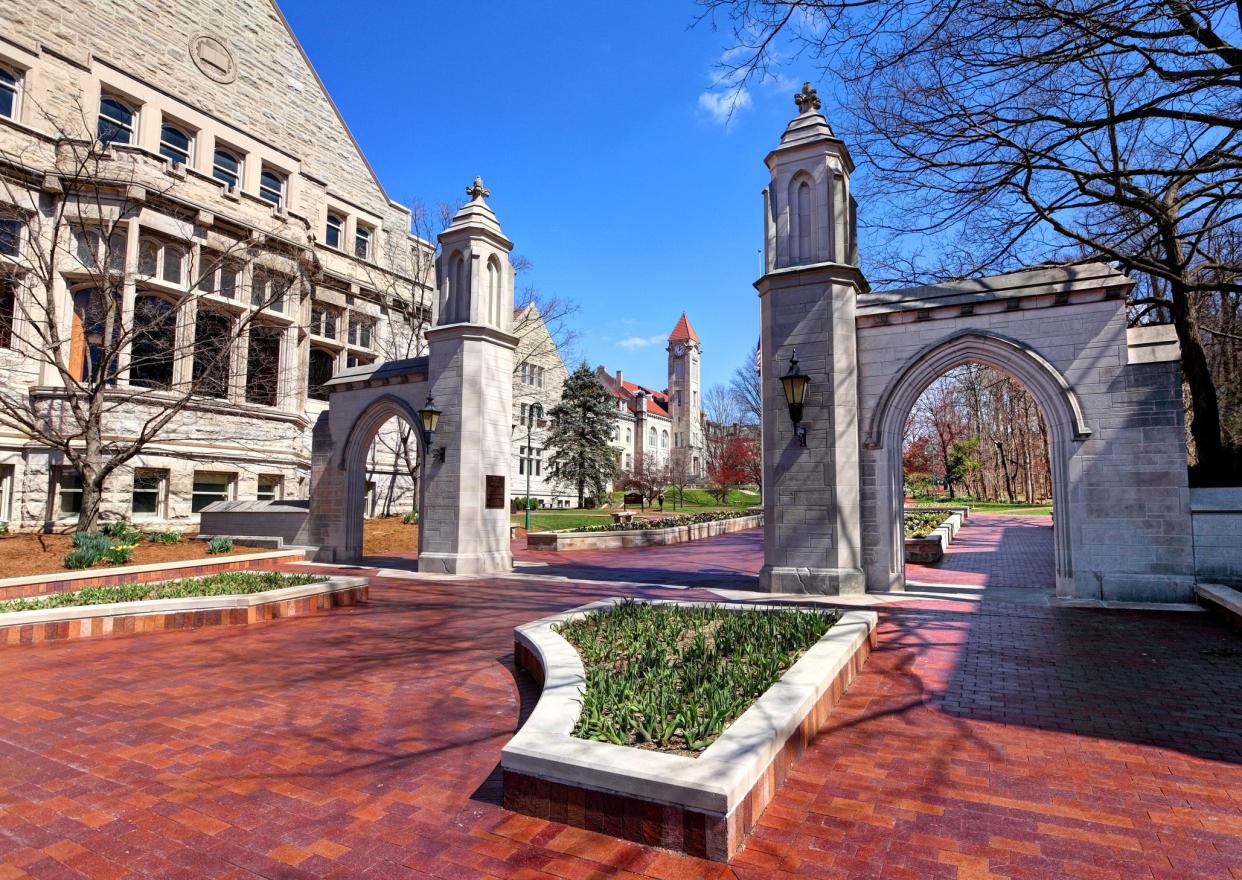 Daytime view of the The Sample Gates, entrance to Indiana University from Kirkwood Ave (Getty Images)