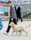 <p>Shawn Mendes takes his golden retriever for a walk in downtown Brooklyn on Monday.</p>