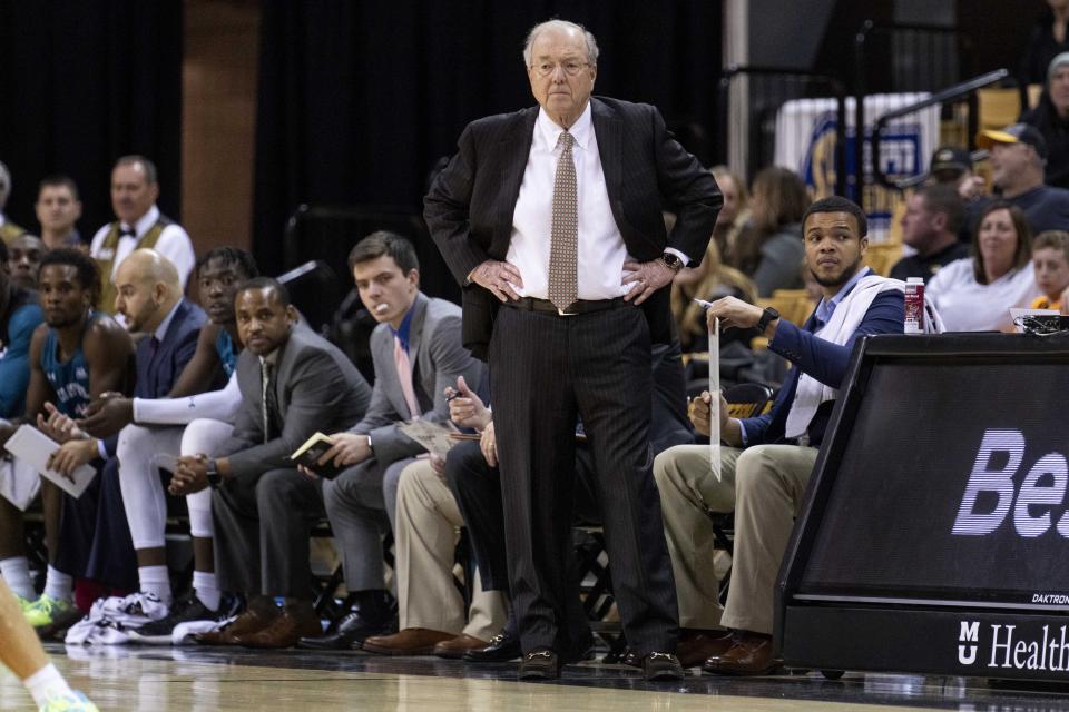 Coastal Carolina head coach Cliff Ellis watches his team play during the first half of an NCAA college basketball game against Missouri Wednesday, Nov. 23, 2022, in Columbia, Mo. (AP Photo/L.G. Patterson)