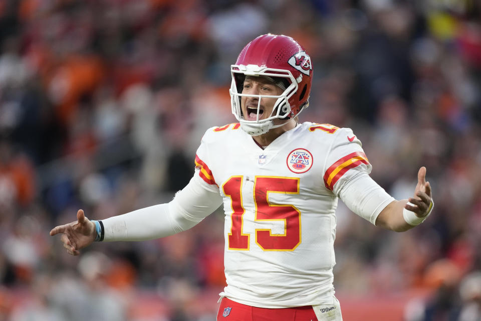 Kansas City Chiefs quarterback Patrick Mahomes yells on the field during the second half of an NFL football game against the Denver Broncos Sunday, Dec. 11, 2022, in Denver. (AP Photo/David Zalubowski)