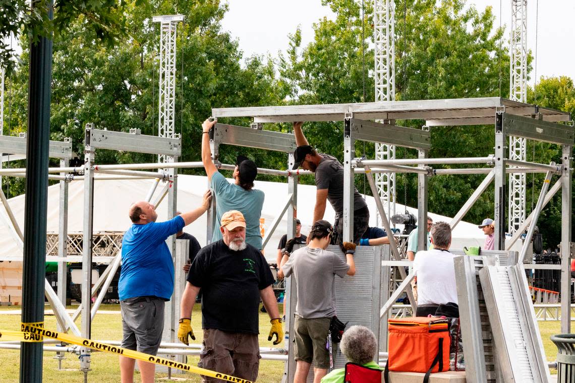 Crews set up for the broadcast of College GameDay at Gamecock Park on Thursday Sept. 12, 2024.