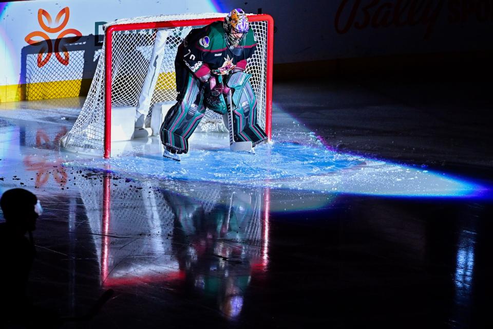 Arizona Coyotes goaltender Karel Vejmelka (70) is introduced prior to the game against the Vancouver Canucks at Mullett Arena in Tempe on April 13, 2023.