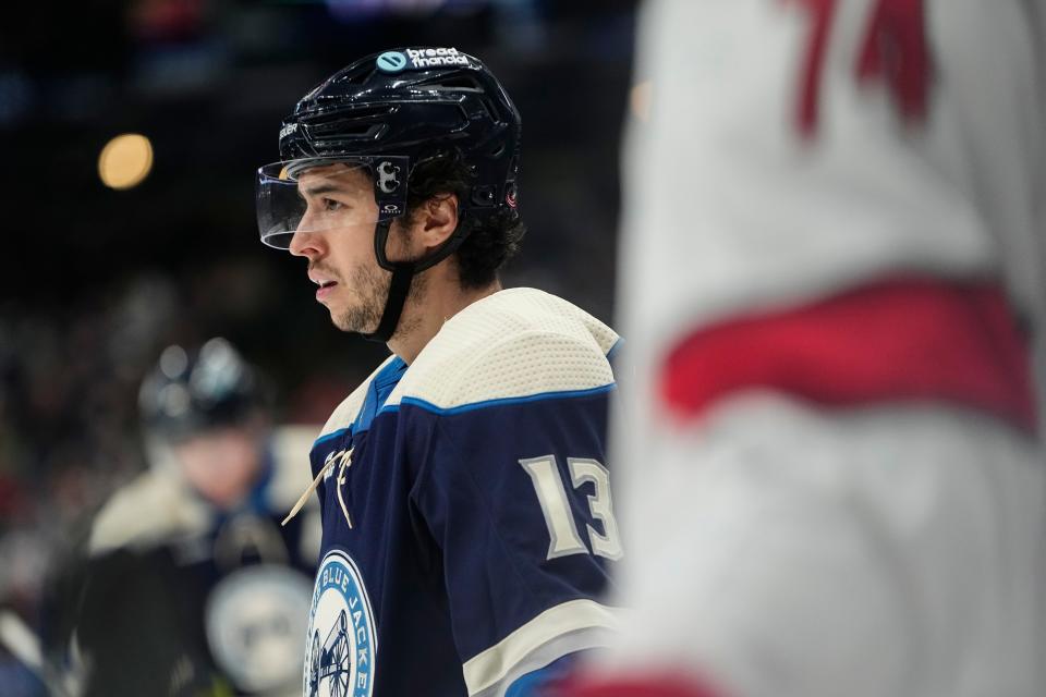 Feb 29, 2024; Columbus, Ohio, USA; Columbus Blue Jackets left wing Johnny Gaudreau (13) waits for a face off during the third period of the NHL hockey game against the Carolina Hurricanes at Nationwide Arena. The Blue Jackets lost 4-2.