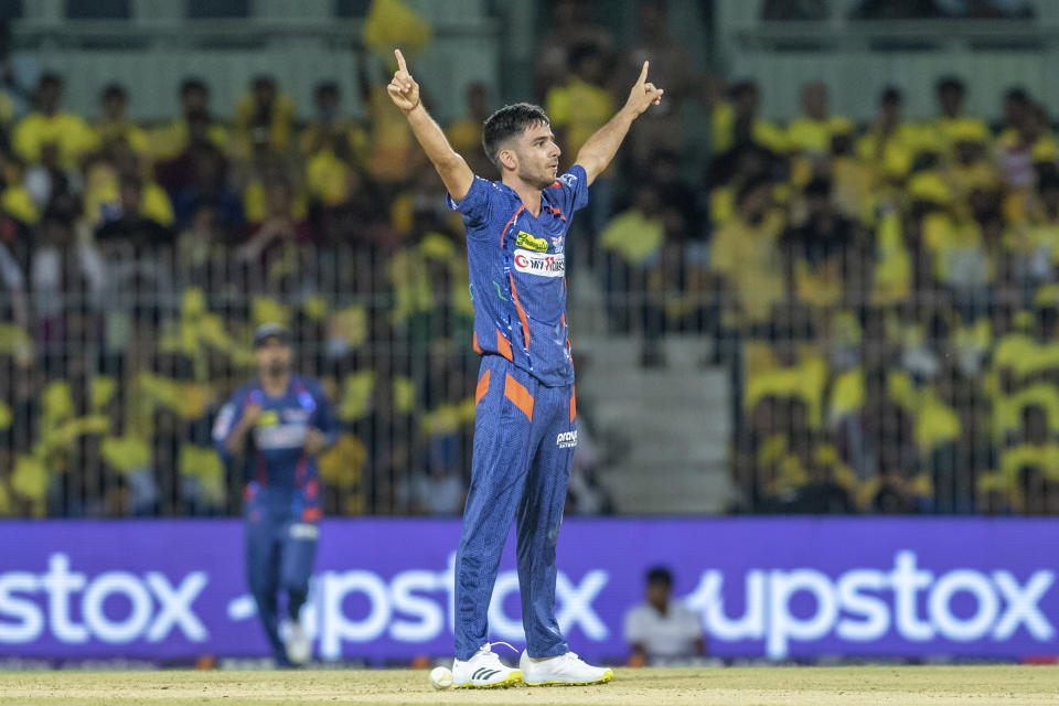 Ravi Bishnoi of Lucknow Super Giants celebrates the dismissal of Shivam Dube of Chennai Super Kings during the Indian Premier League cricket match between the Chennai Super Kings and the Lucknow Super Giants in Chennai, India, Monday, April 3, 2023. (AP Photo/ R. Parthibhan)