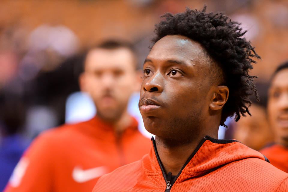 OG Anunoby #3 of the Toronto Raptors looks at before the Toronto Raptors vs New York Knicks NBA regular season game at Scotiabank Arena on March 18, 2019, in Toronto, Canada (Toronto Raptors win 128-92) (Photo by Anatoliy Cherkasov/NurPhoto via Getty Images)