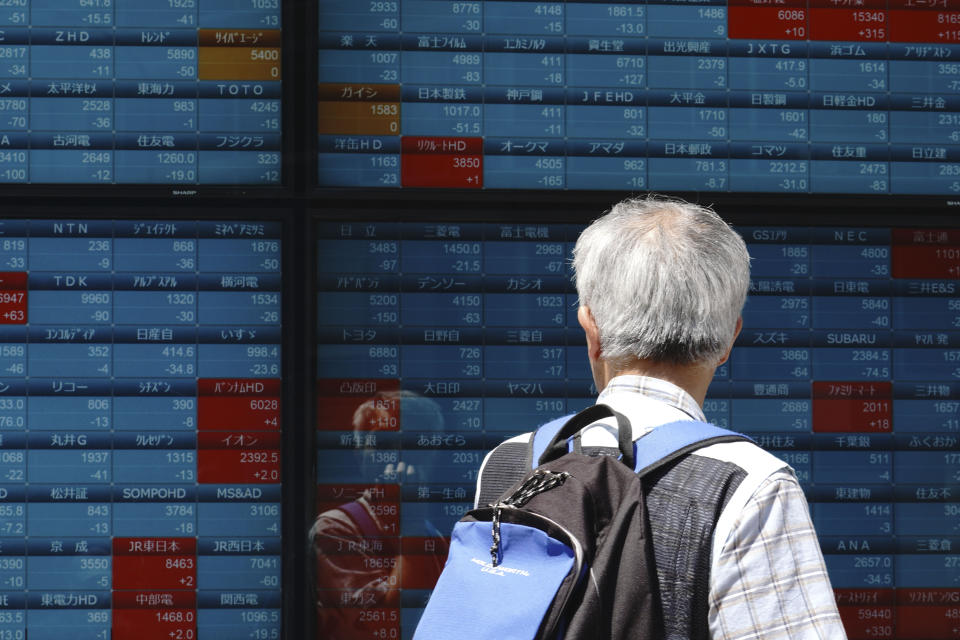 A man looks at an electronic stock board showing Japan's Nikkei 225 index at a securities firm in Tokyo Friday, May 29, 2020. Shares fell Friday in Asia after Wall Street’s rally petered out amid worries about flaring U.S.-China tensions. (AP Photo/Eugene Hoshiko)