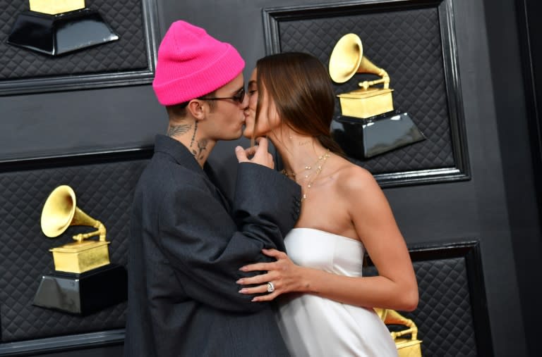 Justin et Hailey Bieber au 64e Grammy Awards à Las Vegas, dans le Nevada, le 3 avril, 2022 (ANGELA WEISS)