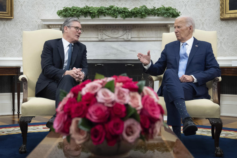 Britain's Prime Minister Keir Starmer, left, meets with U.S. President Joe Biden at the White House in Washington, D.C, during his visit to the United States to attend the NATO 75th anniversary summit, Wednesday, July 10, 2024. (Stefan Rousseau/Pool Photo via AP)