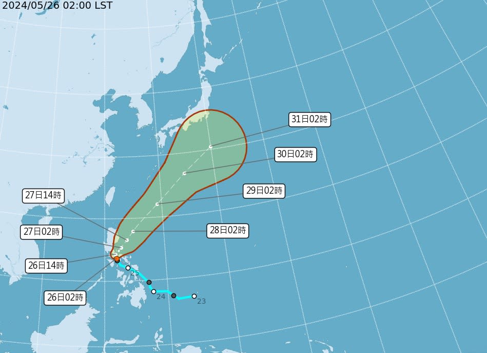 今年首颱「艾維尼」明天凌晨2時才形成，逐漸接近呂宋島，再向東北大迴轉遠離，不侵台。（圖：氣象署網站）