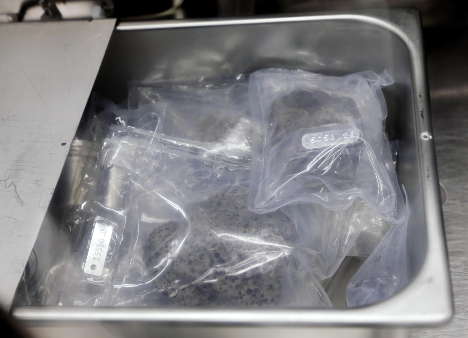 A stainless steel bin is opened to show individually tagged and sealed lunar samples collected during Apollo 16 inside a pressurized nitrogen-filled case holding the samples from that mission in the lunar lab of the NASA Johnson Space Center Monday, June 17, 2019, in Houston. (Photo: Michael Wyke/AP)