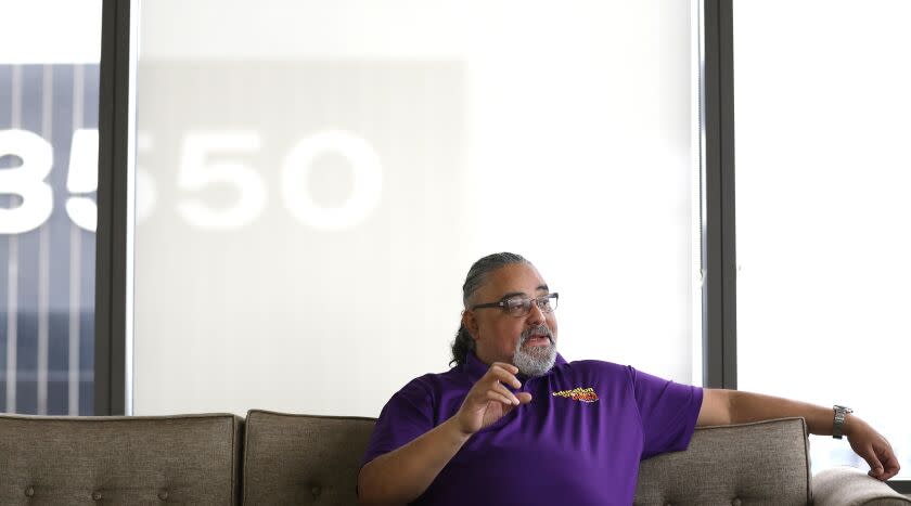 LOS ANGELES-CA-MARCH 20, 2023: Max Arias, head of SEIU Local 99, is photographed at the union's offices in Los Angeles on March 20, 2023. (Christina House / Los Angeles Times)