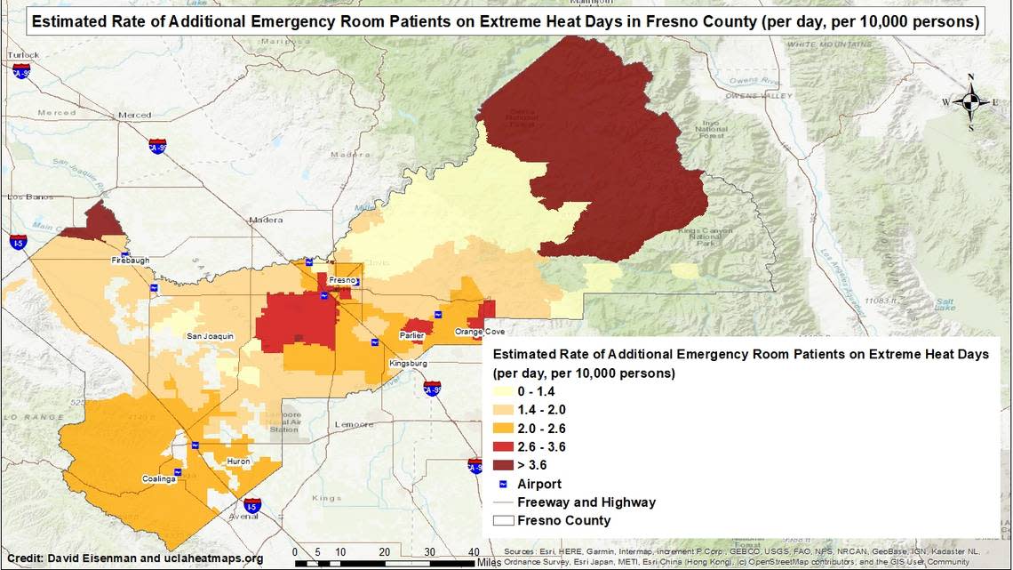 A map showing the annual average of excess emergency room visits on extremely hot days from 2009 to 2018.