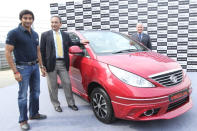 – L-R – Narain Karthikeyan, Formula 1 Driver, Mr. Ranjit Yadav President, Passenger Vehicle Business Unit and Mr. Tim Leverton, Head Advanced and Product and Engineering at the launch of the new Tata Vista D90 at Buddh International Circuit on January, 28th, 2013